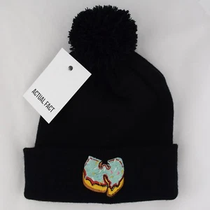 Actual Fact "W" x Green Donut Hip Hop Roll Up Bobble Pom Pom Black Beanie Hat - Picture 1 of 3