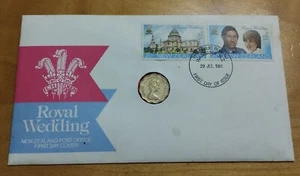 1981 New Zealand Royal Wedding Stamp FDC Inlaid QE2 Queen Elizabeth II odd Coin - Picture 1 of 6