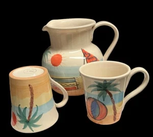 PIER 1 HAND PAINTED IN ITALY PITCHER AND 2 MUGS SUMMER AT THE BEACH - Picture 1 of 8