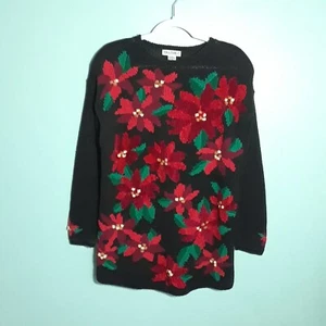 Vintage Grobstrick Pullover Gr. Medium, schwarz rot schwarz Weihnachtsstern Blumen Chenille sehr guter Zustand - Bild 1 von 10