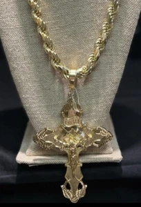 Sterling Silver Gold Plated Diamond Cut Rope Chain & XXL Jesus cross Pendant. - Picture 1 of 2