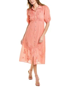 Johnny Was Workshop M $295 Orla Puff Sleeve Shirt Dress Peach and Pink Cotton - Picture 1 of 11