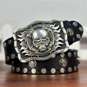 Real Leather Belt Heavy Metal Skull Rivet Studded Unisex Punk Waistband Handmade - Picture 1 of 17