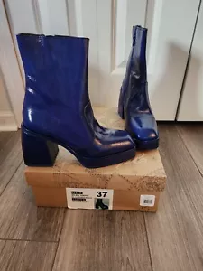 Free People Ruby Shine Rinsed Navy Leather Zip Women's Platform Boots Sz 37 7 - Picture 1 of 3