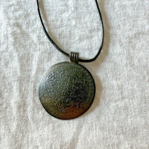 Paisley Engraved Brass Medallion on a Leather Cord, 20" in Immaculate Condition - Picture 1 of 6