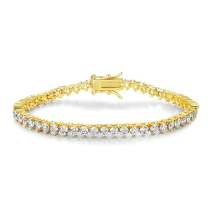 3 Prong Tennis Bracelet, 18K Yellow Gold Plated 4mm Round Cubic Zirconia Brac... - Picture 1 of 6