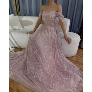 Abito lungo da ballo abito da sera linea A elegante abito spalle scoperte perline - Foto 1 di 10