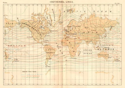 Líneas isotérmicas. Mapa antiguo antiguo vintage del mundo 1886 mapa plano gráfico Foto 1 de 2