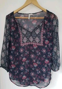 Lee Cooper Women's Blouse Size 8 Blue & Red Floral 3/4 Sleeve V-Neck - Picture 1 of 4