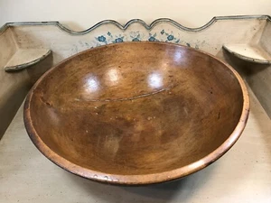 Antique 17” Primitive Wooden Butter Dough Mixing Bowl Hand Turned Out Of Round - Picture 1 of 9