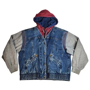 Vintage New York Girl Jacket Womens Large Denim Quilted Hooded Varsity 80s - Picture 1 of 12