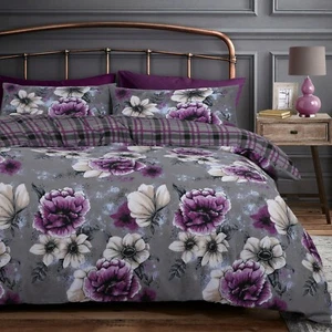 Cassia Purple Floral Bedding Plaid Check Duvet Cover & Pillowcase Set  - Picture 1 of 1