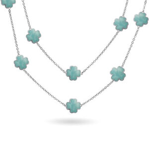 White Pink Aqua Blue Black Pearlized Enamel Clover Necklace Long 40"