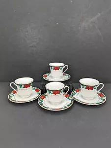 Vintage Tienshan Fine China Deck The Halls Tasse und Untertasse Set Menge 4 - Bild 1 von 8