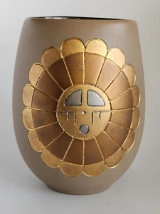 Baron Originals by Beth Sun God vase Americas art Aztec Southwest gold ceramic - Picture 1 of 7