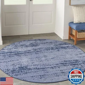 Nourison Essentials Indoor/Outdoor Solid Abstract Denim 4' x Round Area Rug, - Picture 1 of 5
