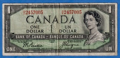 CANADA $1 1954 BC-29b / P-66b QE II  Circulated DEVIL'S FACE 👿   O/A 2457005 - Image 1 of 3