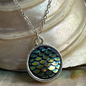 Dream Big Little Mermaid Necklace Dainty Jewelry Glass 2 Sided Pendant Scales - Picture 1 of 8