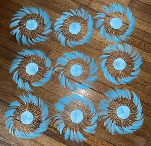 9 Piece FULL FEATHER PINWHEEL - Turquoise Hackle Feathers- Headbands/Beads/Hats - Picture 1 of 11