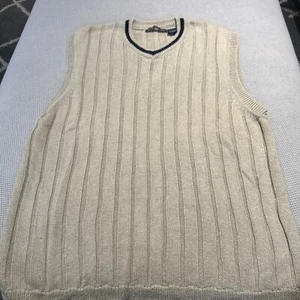 VIntage Structure Cable Knit Sweater Vest V Neck Mens L Ramie Cotton Beige 90’s - Picture 1 of 9