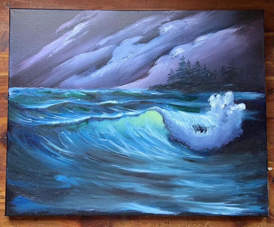 Pintura Original Paisaje Marino Negro Tormentoso Océano Playa 16x20 (Estilo Bob Ross) Foto 1 de 4