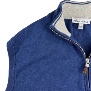 PETER MILLAR Blue Golf Vest Silk Cashmere Pima Cotton Leather Zip L - Picture 1 of 12