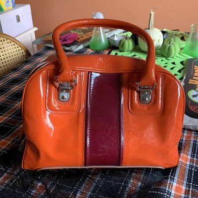 Dolce &  Gabbana D&G Lily Stripe Patend Leather Handbag Orange And Red - Image 1 of 4