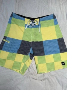 Rusty Surf Board Shorts Mens 32 Bright Patchwork Pattern Beachwear Yellow Blue - Picture 1 of 11