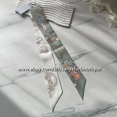 Sallys 18 Momme Twill Silk Scarf Ribbon Flowers Print Hair Bag Neck Tie 33" * 2" - Image 1 of 4