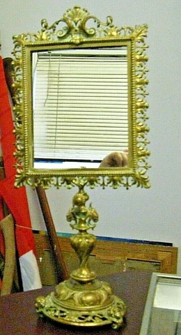 Adjustable Ornate Antique French Brass Pedestal Vanity Mirror with Lions Cherubs Cover