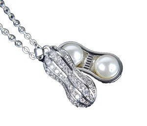 Peanut Pendant Necklace With Shiny Zirconia And Pearls Plated In 14K Gold - Picture 1 of 7