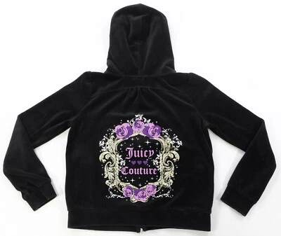 Jaqueta com capuz rara vintage JUICY COUTURE veludo zíper completo anos 2000 preta meninas GG - Imagem 1 de 4