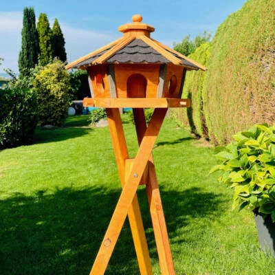 DARLUX Vogel Futter Haus L Sechseck Holz Vogelhaus + Ständer Braun/ Schwarz - Bild 1 von 4