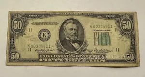 1950B Dallas LOW SERIAL NUMBER Star Note 50$ Dollar Bill K00304411* - Picture 1 of 2
