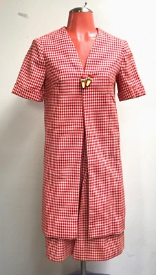 Vtg 60s Red gingham knit skirt leisure suit hippie country mod XS/S - Image 1 of 4