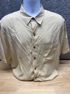 Caribbean Mens Large Yellow 100% Silk Hawaiian Camp Shirt Short Sleeve - Image 1 of 4