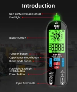 Multimeter AC/DC V Ω F Diode NCV Live Neutral Wire Check Flashlight Li-Battery - Picture 1 of 15