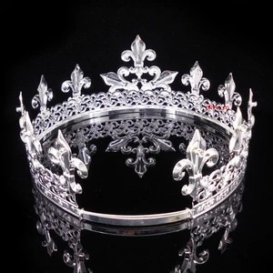 Men's Imperial Medieval Fleur De Lis Silver Metal Crown 8cm Tall Tall 57-69cm C - Picture 1 of 6