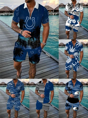 Indianapolis Colts 2 Pieces Outfits Casual Zip Collared Shirt Beach Shorts Set Cover
