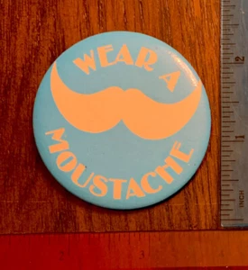 Wear a Moustache Vintage Pinback Button Badge Pin Movember Charity Blue White 2" - Bild 1 von 2