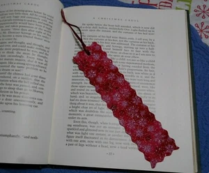 Bookmark Fabric Cloth CHRISTMAS WINTER SNOWFLAKES Glitter Maroon Ribbon Handmade - Picture 1 of 5
