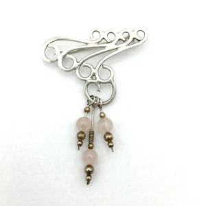 SWIRL sterling silver brooch with rose quartz dangles - delicate 2" filigree pin - Picture 1 of 5