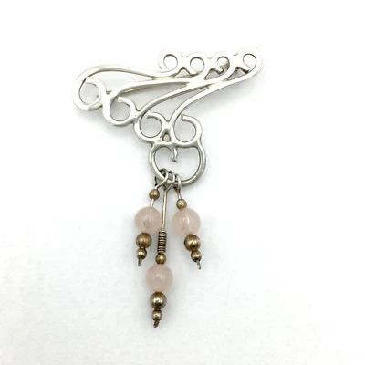SWIRL sterling silver brooch with rose quartz dangles - delicate 2" filigree pin Foto 1 de 4