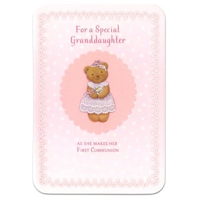 Cute FIRST COMMUNION Card FOR GRANDDAUGHTER, Teddy Bear by Hallmark + Envelope - Image 1 of 4