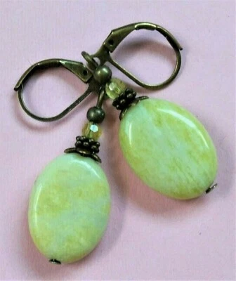 FLOR JASPE Pendiente Cristal Ovalado BRONCE Palanca Trasera Hecho a Mano Foto 1 de 3