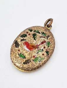 FINE VICTORIAN CHRISTMAS ROLLED GOLD & ENAMEL ROBIN LOCKET PENDANT c1880 - Picture 1 of 9