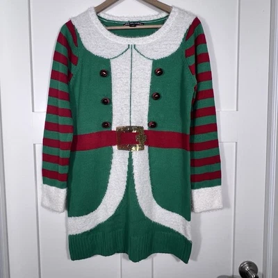 Christmas Elf Sweater Dress Tunic Shirt Green & Red Jingle Bells Women's Size M - Image 1 of 4