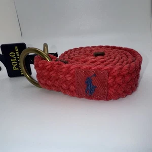 POLO RALPH LAUREN Weathered Red Braided Cotton Leather Trim O Ring Belt M NEW - Picture 1 of 6