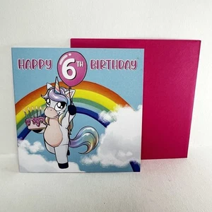 New Unicorn “Happy 6th Birthday” Greeting Card With Red Envelope Rainbow Cake - Picture 1 of 4