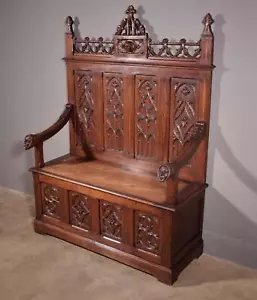 Antique French Gothic Revival Oak Wood Bench/Settee/Chair Highly Carved - Picture 1 of 18